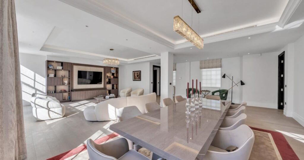 Six-bed, five-bath apartment, in Abbey Lodge, Park Road, NW8