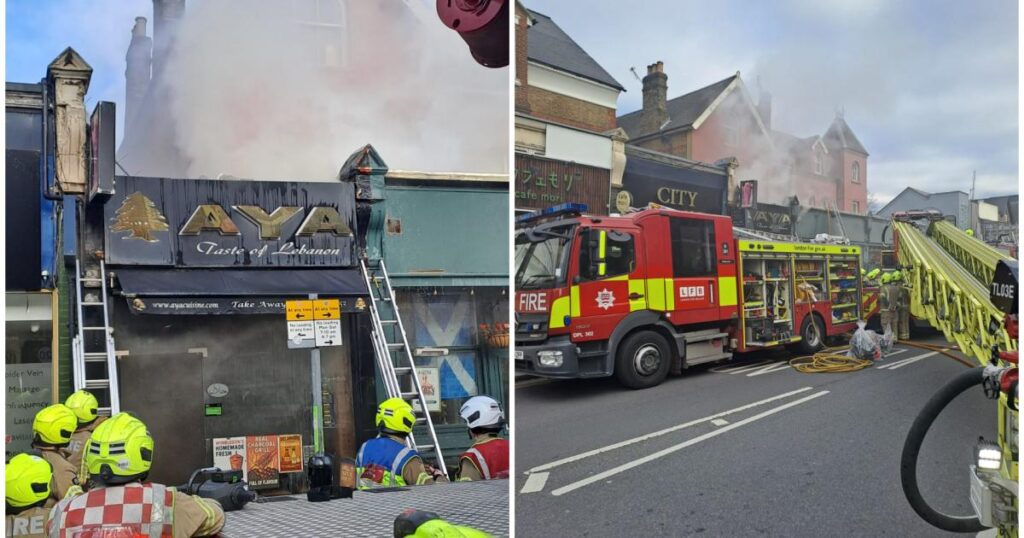 Wimbledon restaurant fire: Firefighters remain at the scene